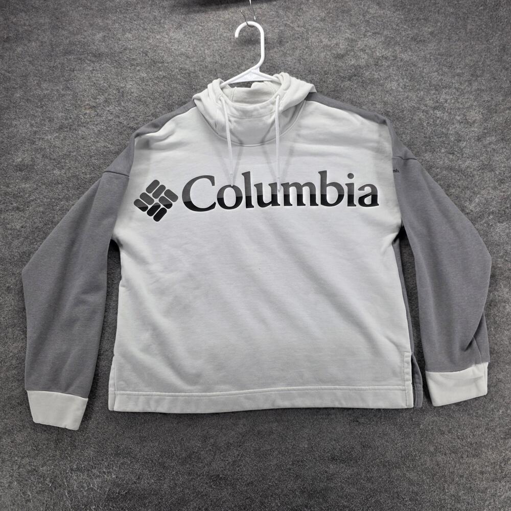 Columbia Hooded Sweatshirt Mens Medium Gray White Pullover Spell Out AL3128